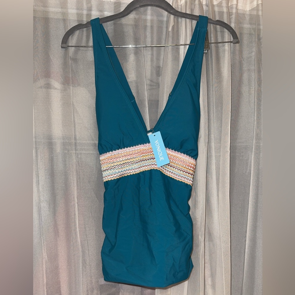 Teal Swimsuit Top with Colorful Band by Yonique